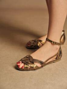 Rosivie 女士平底编织凉鞋，波西米亚风格，适合度假和圣诞节夏季装扮 - 銅色 - 查看 5