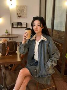 DAZY 女士蕾丝水洗韩版长袖外套和荷叶边牛仔裙套装 - 藍色 - 查看 5