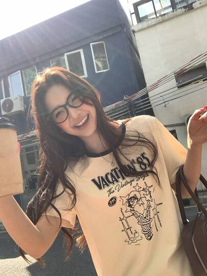 DAZY 女士可爱猫咪字母印花撞色短袖T恤