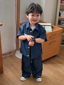 DAZY 男婴休闲时尚街头通勤字母印花短袖牛仔衬衫和牛仔裤套装，春夏秋季 - 藍色 - 查看 3