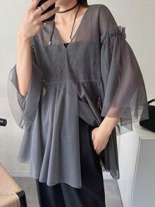 FRIFUL 女士纯色V领网纱喇叭袖宽松上衣 夏季 - 深灰色 - 查看 1