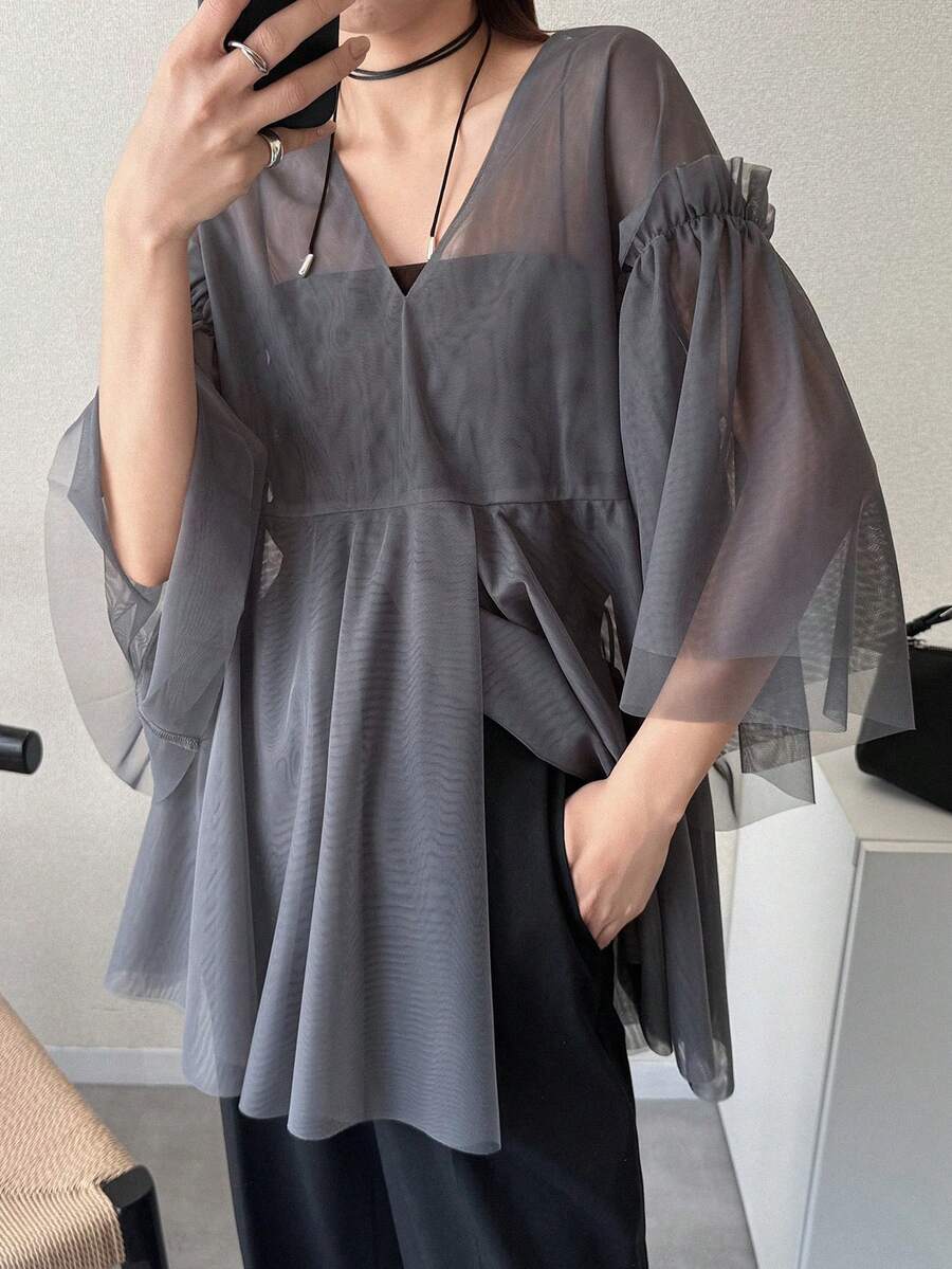FRIFUL 女士纯色V领网纱喇叭袖宽松上衣 夏季 - 深灰色 - 查看 1