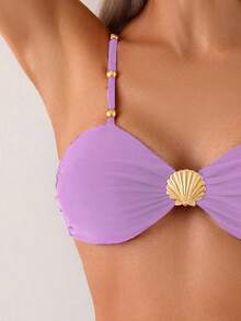 Swim Chiccia 2025春夏女士优雅度假金属贝壳扣串珠肩带高腰收腹棕色比基尼套装 - 淡紫色 - 查看 4