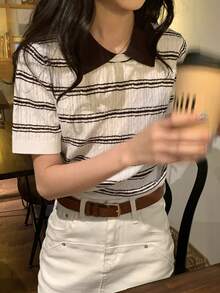 DAZY 女士春季新款撞色条纹提花针织Polo衫 - 黑與白 - 查看 1