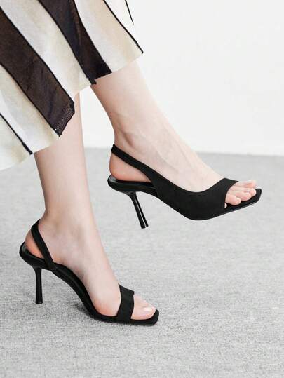 CUCCOO BIZCHIC 黑色丝绒方头细跟简约优雅纯色女士高跟凉鞋