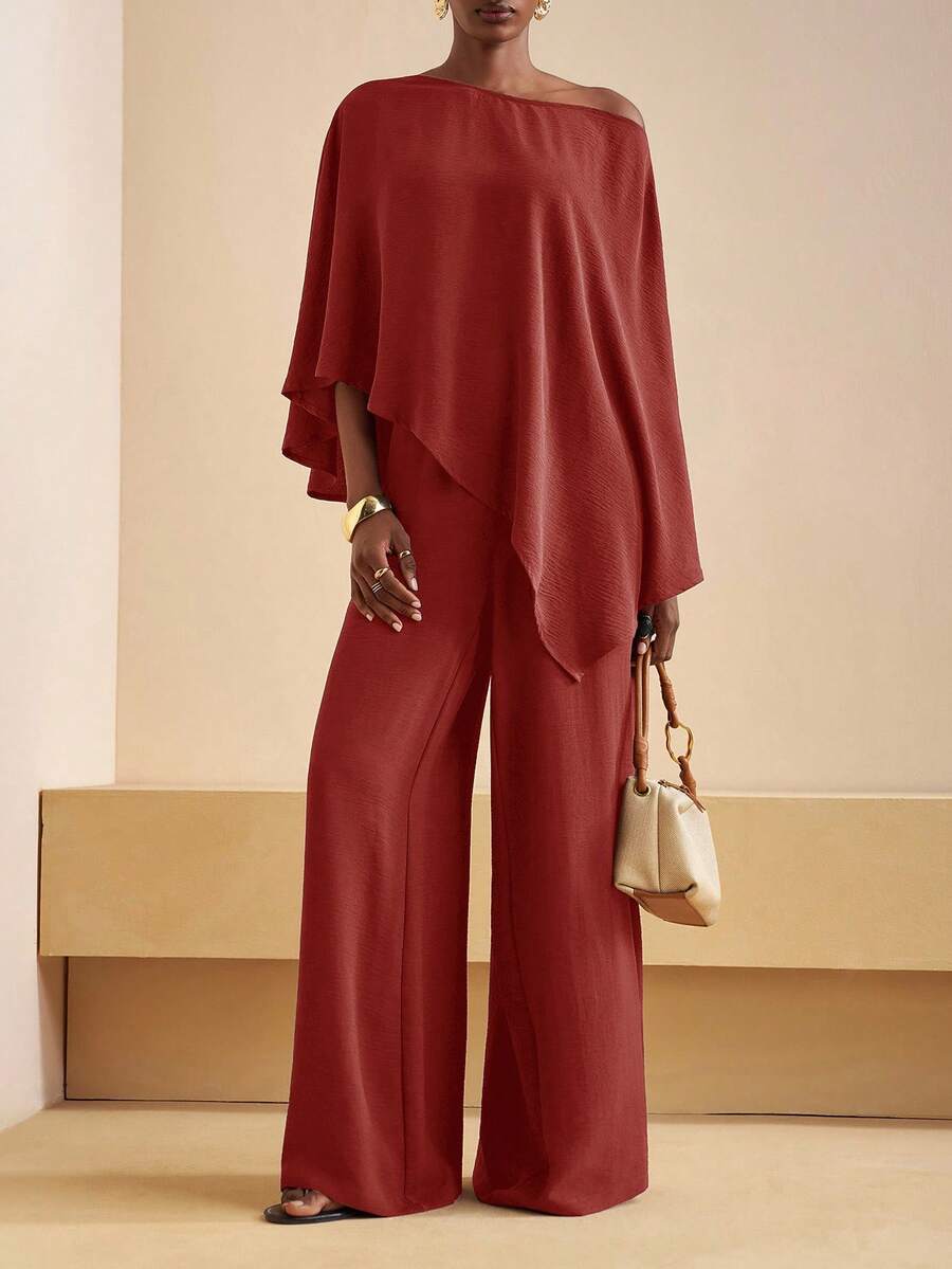 Zivah 新款秋冬女装休闲通勤棕色宽松单肩不对称上衣+高腰阔腿裤两件套，适合返校、乡村音乐会、返校节、万圣节、圣诞节、早午餐、外出、教堂礼拜、旅行、购物等场合。另有女士两件套工作装，露肩上衣搭配阔腿裤，适合办公室穿着。 - 紅木色 - 查看 1