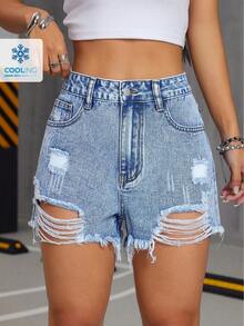 SHEIN Tall Ripped Frayed Hem Women's Washed Denim Shorts - Medium Wash - View 1