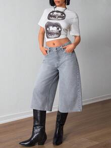 EURMUSE Pantaloncini di jeans a vita bassa, lavaggio chiaro, gamba ampia per l'estate - Grigio - Visualizzare 4