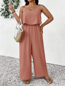 SHEIN Frenchy Plus Size Casual Vacation Textured Solid Color Jumpsuit - Dusty Pink - View 6