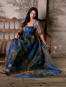 Lyrianda 大码女式甜心领扎染花瓣袖欧根纱连衣裙 - 水鴨藍 - 查看 2