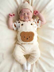 SHEIN 男婴柔软杏色可爱棕熊刺绣直筒连体裤，适合日常外出、居家休闲、亲子互动、生日派对等欢乐场合，四季皆宜。 - 米色 - 查看 3