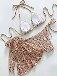 SHEIN Swim 女士几何印花复古优雅系带三件套比基尼，饰有贝壳图案，适合海滩、度假、派对穿着 - 彩色 - 查看 2