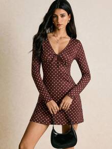 Poéselle Đầm ngắn chấm bi thời trang dành cho nữ, thích hợp đi làm. - màu nâu - Xem 4