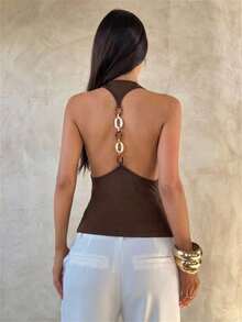 Aloruh Camiseta ajustada marrón con cadena de cuentas de resina y espalda descubierta para mujer - Marrón - Ver 2