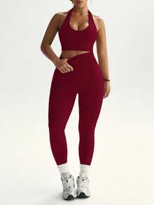 Easithlete 大码女式性感简约纯色露背吊带上衣和高腰紧身裤运动套装 - 酒紅色 - 查看 6