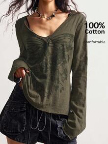 Bohemela Lässiges, locker sitzendes Langarm-Oversize-T-Shirt für Damen in Große Größen, Streetwear - Armeegrün - Übersicht 1