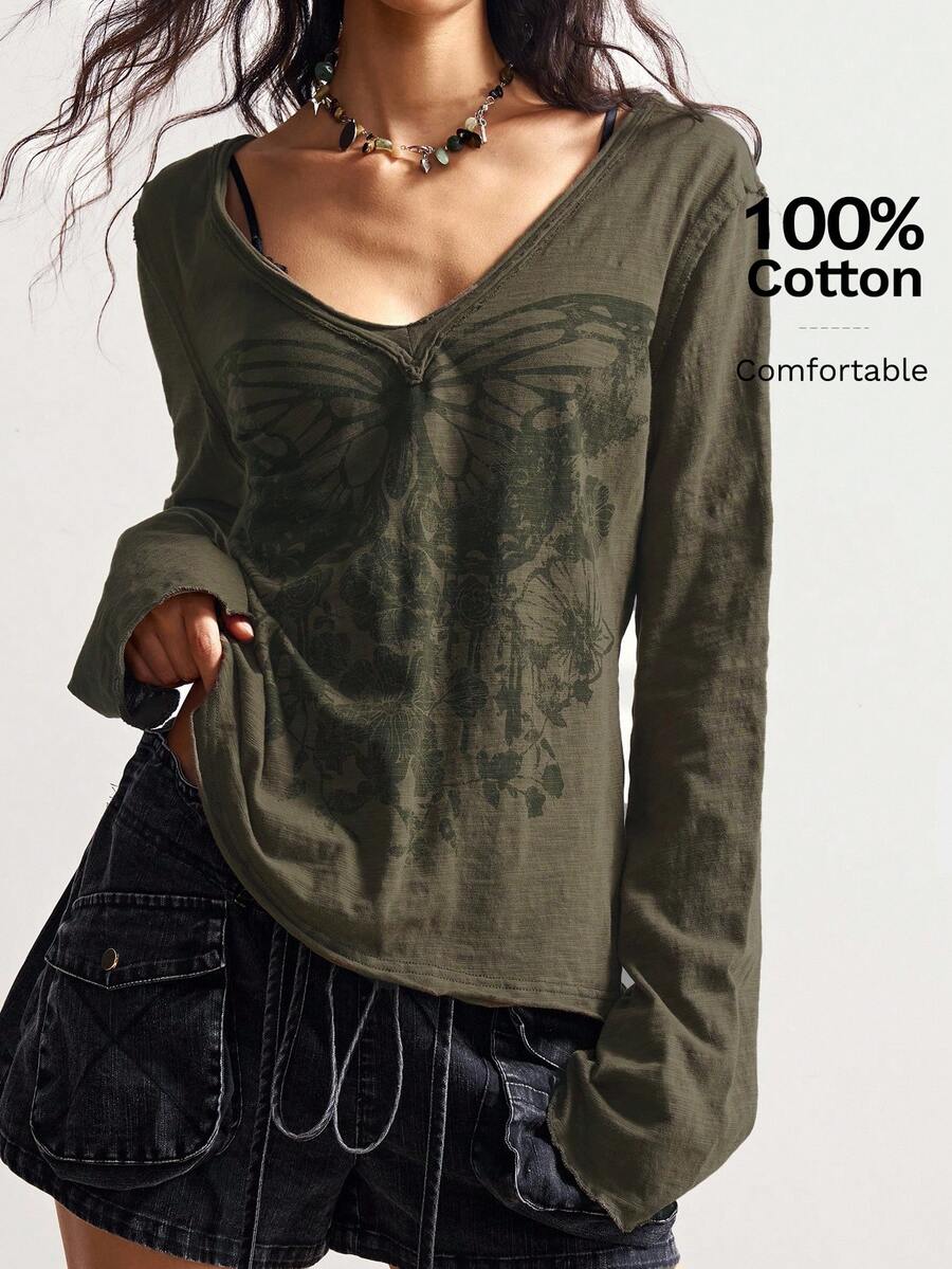 Bohemela Lässiges, locker sitzendes Langarm-Oversize-T-Shirt für Damen in Große Größen, Streetwear - Armeegrün - Übersicht 1