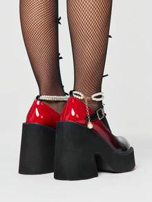 ROMWE Goth Women's Shoes Fashion Thick-Soled Wedge Shoes - Casual Punk Style Round Toe Gradual Change Burgundy Pearl Naked Belt Buckle Shoes - Comfortable And Simple Women's Slip-On Party Women's Shoes - Red - View 5