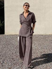 Livesso Spring & Summer Loose Business Casual Vacation Style Fashion Office Wear Striped Cinched Waist V-Neck Blouse And Wide Leg Casual Pants 2-Piece Set For Women - Brown - View 2