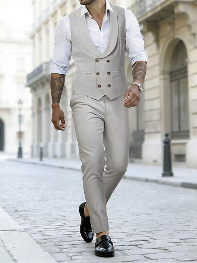 Manfinity Homme Men's Double-Breasted Suit Vest And Seam Front Dress Pants, Essential For Business Attire,Men Old Money,Daily Leisure, Weekend Trips, Outdoor Activities, Travel Expeditions, Relaxed Work Environments Or Semi-Formal Occasions, Boyfriend/Husband Gift, Anniversary /Birthday Gift Party Summer Vacation Holiday,Wedding,Spring To Summer,Easter,Y2k,Vintage,Elegant Outfit For Men,Man Formal Outfit,Mens Luxury Outfits,Men Designer Outfits,Wedding Outfits For Men