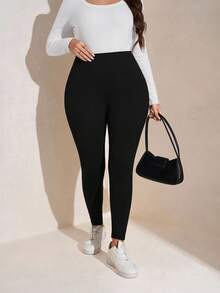 SHEIN LUNE Plus Size Fashionable Commuter Shiny Print Leggings, Winter Cozy Fall And Winter Christmas New Year Thanksgiving Party Elegant Leggings For Women - Black - View 7