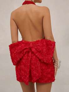 Lumalex 春季情人节甜蜜美丽情人节服装圣瓦伦丁节复活节婚礼订婚成人礼玫瑰花3D立体露背紧身迷你连衣裙，配蝴蝶结，女士 - 紅色 - 查看 6