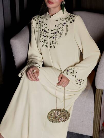 Al Najma Women's Stand Collar Floral Embroidery Pattern Casual Dress, Suitable For Party, Daily Wear And Outing