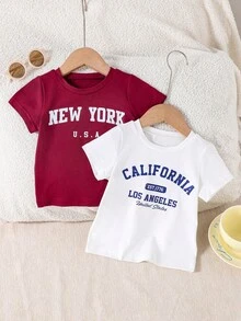 SHEIN 2 طقم قميص أطفال ولادي بلون بوردو وأبيض مطبوع عليه حرف بسيط، متعدد الاستخدامات كاجوال مناسب للصيف - عنابي اللون - مشاهدة 3