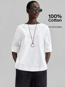 Ontre 2026SS New Women's Blouse, Back To School, Countryside Style, Office Casual Wear, Date, Airport, Party, Summer Solid Color Short Sleeve Casual Blouse, Woven Fabric, Suitable For Valentine's Day, Wedding Season, Wedding Guest Attire, Holiday, Romantic Valentine's Day, Designed, Loose Fit, Spring/Summer, Beach Wear, Fashion Versatile Women's Blouse, Graduation Ceremony - White - View 1