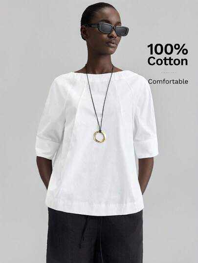 Ontre 2026春夏新款女式衬衫，返校季穿搭，乡村风，办公休闲装，约会装，机场出行，派对，夏季纯色露肩短袖休闲上衣，梭织面料，适合情人节、婚礼季、婚礼宾客着装、假日穿搭，浪漫情人节，时尚设计，宽松版型，春夏服装，沙滩装，百搭时尚女式衬衫