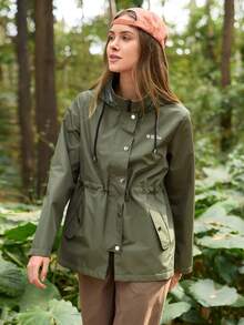 In My Nature Women's Letter Print Long Sleeve Drawstring Hooded Outdoor Raincoat Jacket - Army Green - View 4