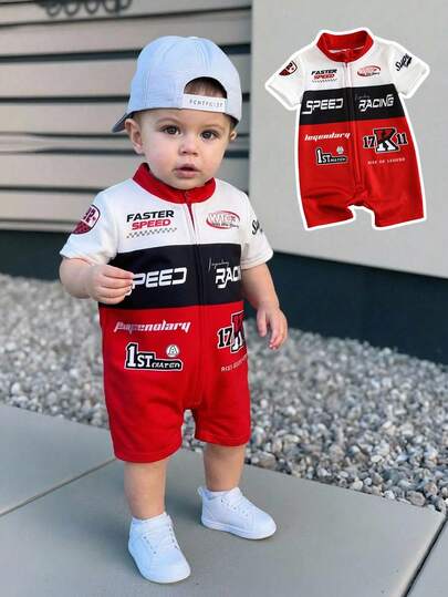 Bubblio Baby Boy/Girl Casual Sports Knit Patchwork Letter & Racing Car Pattern Polo Collar Short Sleeve Romper, Suitable For Spring/Summer Vacation, Home, And Outings