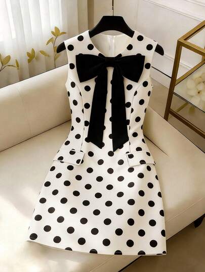 Franclia Women's Vintage Elegant Polka Dot Print Bow Decor Sleeveless Waist Cinched Mini Dress, Summer