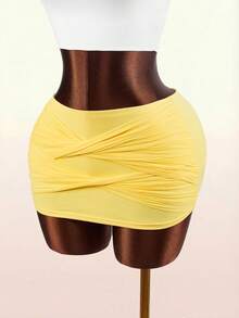 Amplova Pantalones con falda de cintura elástica y diseño de torsión de unicolor para mujer - Amarillo - Ver 5