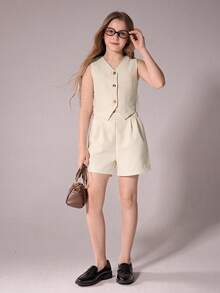 Tween Girl Casual Elegant Commute Street Fashion Textured Button Front V-Neck Sleeveless Top And Straight Leg Shorts Set, Khaki Beige Elegant Color - Beige - View 5