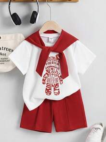 SHEIN 3pcs/Set Young Boy Kids Three Piece Set,White,Summer,Career Day,Back-To-School,Cute Teddy Bear Pattern Knitted T-Shirt,Shawl&Shorts,Loose Fit,Sports - Red - View 4
