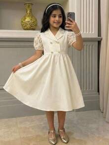 SHEIN 少女优雅翻领泡泡袖纹理连衣裙 - 杏色 - 查看 4