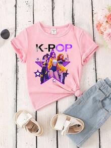 SHEIN Young Girl Lotus Pink Round Neck Short Sleeve Casual Cartoon Pattern T-Shirt, Summer - Black - View 3