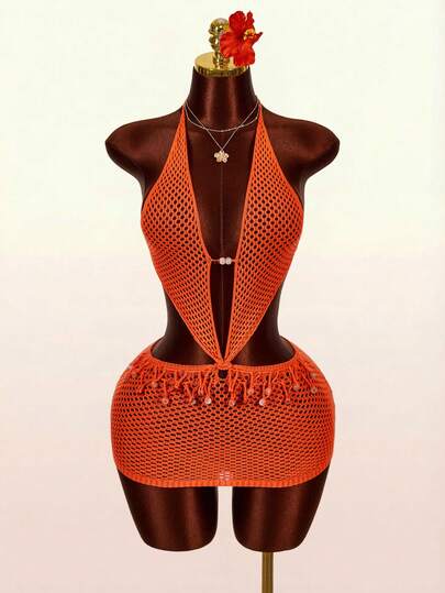 Amplova 女士钩针迷你连衣裙，性感前卫，适合音乐节，纯色珍珠点缀，露背薄纱罩层，可爱