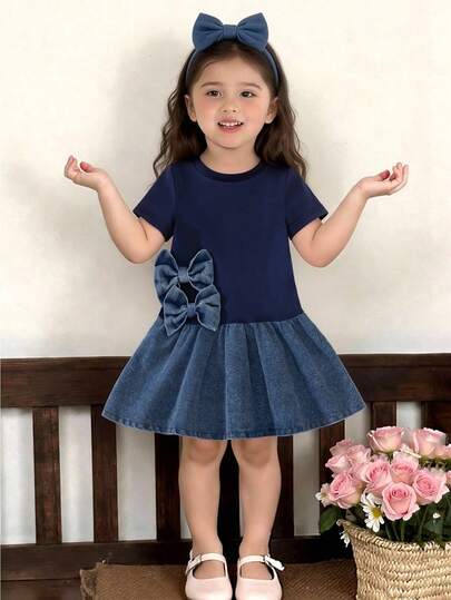 SHEIN Playful Pals Baby Girls' Minimalist Sweet Cute Dress, Summer, Toddler Blue Knit Patchwork Denim Butterfly Decor Doll Dress, Suitable For Daily, Casual, Holiday Wear