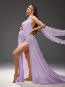 Cheriluna Maternity Elegant Flowing Halter Backless Slit Maternity Dress For Photoshoot - Mauve Purple - View 4