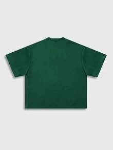 ROMWE MEN Street Life Camiseta de hombre de estilo corto con hombros caídos y estampado - Verde Oscuro - Ver 2
