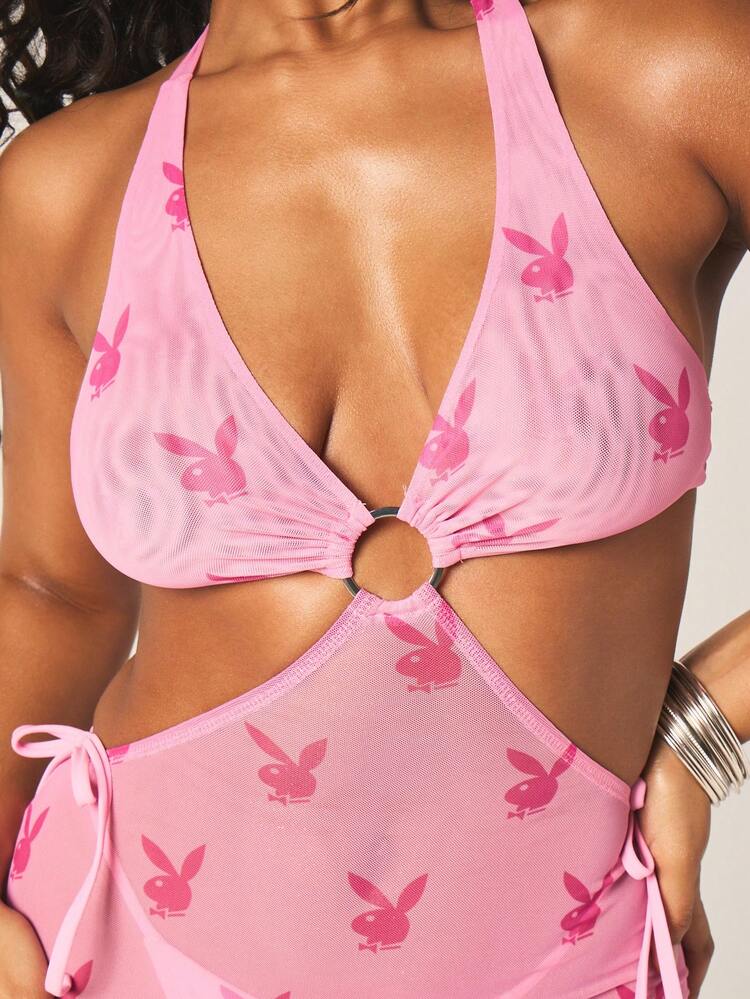 Missguided x Playboy Halterneck Cut Out Mini Beach Cover Up Dress With Bunny Print And Tie Details Summer Vacation Beachwear