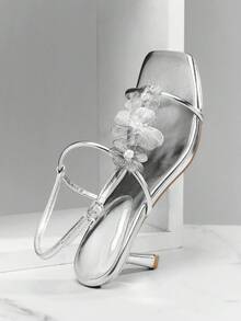 SHUZIA Giày sandal cao gót mũi nhọn kiểu dáng thanh lịch tối giản dành cho nữ, chất liệu giả da ánh kim, họa tiết hoa. - Bạc - Xem 6
