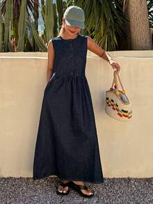 DAZY 宽松牛仔艺术无袖衬衫裙（女款） - 藍色 - 查看 5