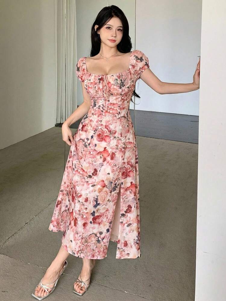 Oil Painting Print Reversible Petal Sleeve Dress For Women Sundress Boho