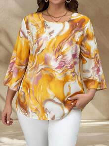 EMERY ROSE Camisa de manga larga con cuello redondo y estampado minimalista para tallas grandes - Amarillo - Ver 4
