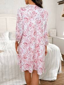 Moonlight&Mama Floral Print Lace Trim Maternity Robe & Slip Dress, Suitable For Moms To Wear All Seasons - Baby Pink - View 2
