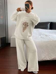 DAZY Conjunto de pijama folgado de malha de lã com estampa de sorvete, 2 peças, para mulheres. - Branco - Ver 7