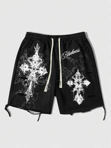 ROMWE MEN 男士休闲交叉印花抽绳腰短裤，夏季 - 黑色 - 查看 1